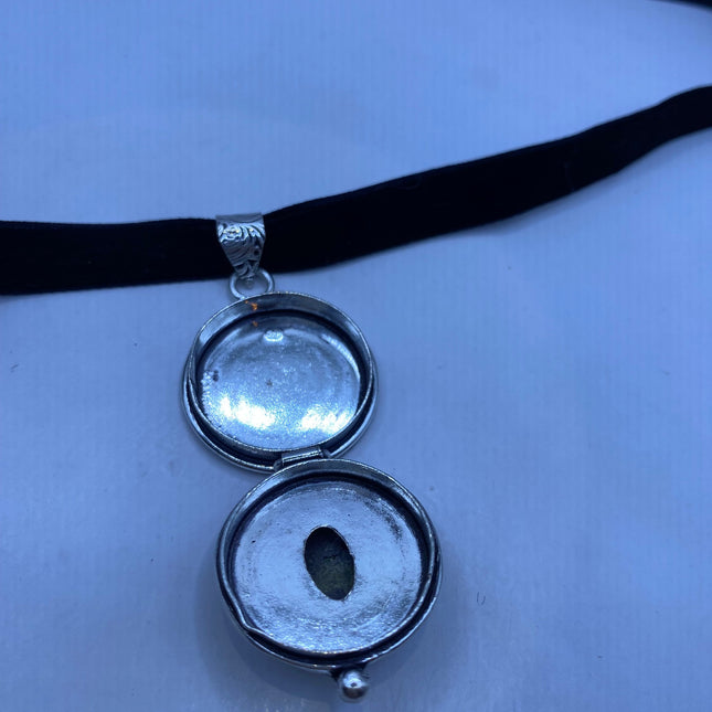 Vintage Poison Pillbox Velvet Choker Locket - Silver, White Bronze, Unakite, Antique Design, Necklace
