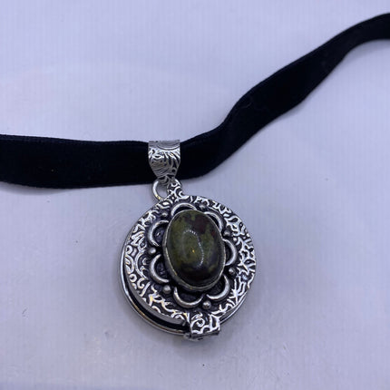 Vintage Poison Pillbox Velvet Choker Locket - Silver, White Bronze, Unakite, Antique Design, Necklace