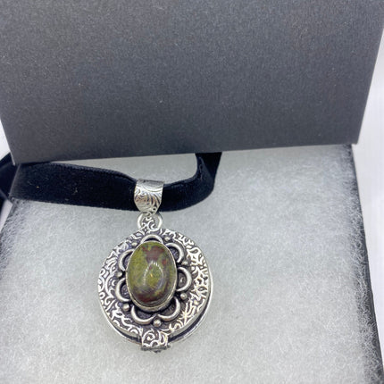 Vintage Poison Pillbox Velvet Choker Locket - Silver, White Bronze, Unakite, Antique Design, Necklace