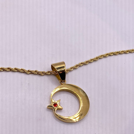 Vintage Gold Pendant | Nation of Islam Muslim Moon Crescent Star Charm | Golden Stainless Steel 22 Inch Chain Necklace