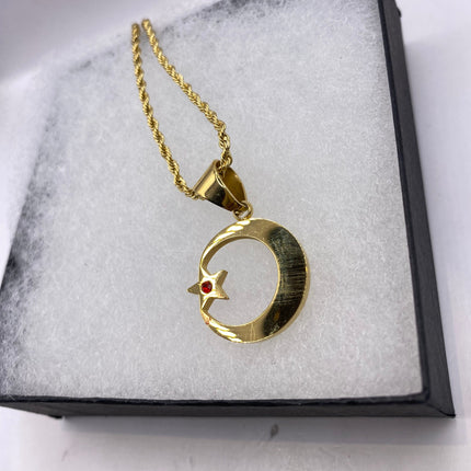 Vintage Gold Pendant | Nation of Islam Muslim Moon Crescent Star Charm | Golden Stainless Steel 22 Inch Chain Necklace