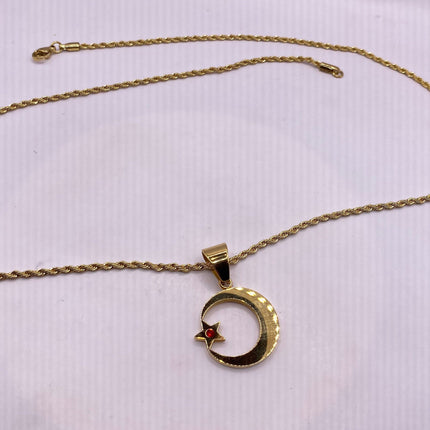 Vintage Gold Pendant | Nation of Islam Muslim Moon Crescent Star Charm | Golden Stainless Steel 22 Inch Chain Necklace
