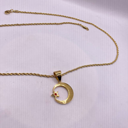 Vintage Gold Pendant | Nation of Islam Muslim Moon Crescent Star Charm | Golden Stainless Steel 22 Inch Chain Necklace
