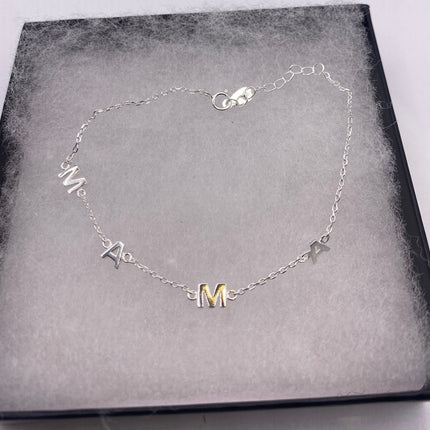 Silver Letter Bracelet | Tiny Charm Word | Vintage Style Dainty 925 Sterling Silver Jewelry for Mama Love Bracelet