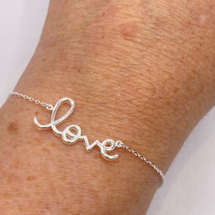 Tiny Silver Bracelet | Love Word Script Charm | 925 Sterling Silver Chain Minimalist Prom Jewelry Everyday Stacking Charm Bracelet