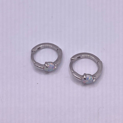 Vintage Silver Earrings | Tiny White Fire Opal Hoop Loop Earrings 925 Sterling Silver | Minimalist Style