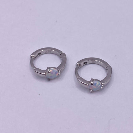 Vintage Silver Earrings | Tiny White Fire Opal Hoop Loop Earrings 925 Sterling Silver | Minimalist Style