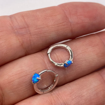 Tiny Silver Earrings | Mini Blue Fire Opal Gemstone | 925 Sterling Silver Dainty Dangle Hoop Loop Huggie Earrings | Everyday Something Blue