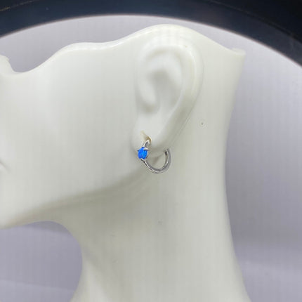 Tiny Silver Earrings | Mini Blue Fire Opal Gemstone | 925 Sterling Silver Dainty Dangle Hoop Loop Huggie Earrings | Everyday Something Blue