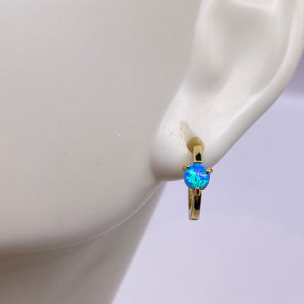 Tiny Gold Earrings | Mini Blue Fire Opal Gemstone | Golden 925 Sterling Silver Dainty Dangle Hoop Loop Huggie Earrings | Something Blue