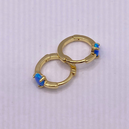 Tiny Gold Earrings | Mini Blue Fire Opal Gemstone | Golden 925 Sterling Silver Dainty Dangle Hoop Loop Huggie Earrings | Something Blue