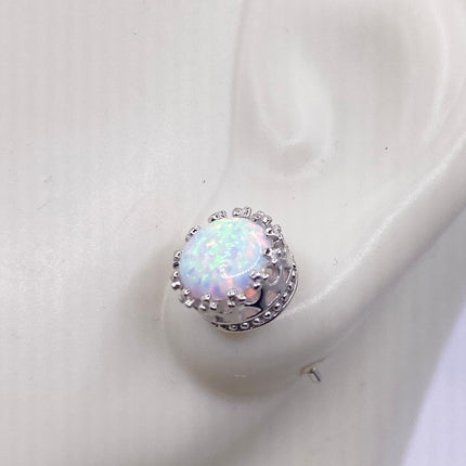 Vintage Silver Earrings | Tiny White Fire Opal Gemstone | 925 Sterling Silver Stud Button Earrings | Minimalist Everyday Jewelry