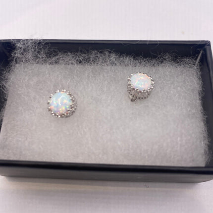 Vintage Silver Earrings | Tiny White Fire Opal Gemstone | 925 Sterling Silver Stud Button Earrings | Minimalist Everyday Jewelry