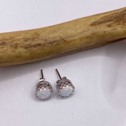 Vintage Silver Earrings | Tiny White Fire Opal Gemstone | 925 Sterling Silver Stud Button Earrings | Minimalist Everyday Jewelry