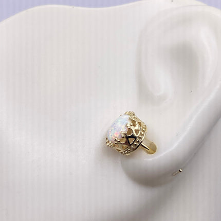Vintage Gold Earrings | Tiny White Fire Opal Gemstone | Golden 925 Sterling Silver Stud Button Earrings | Minimalist Everyday Jewelry