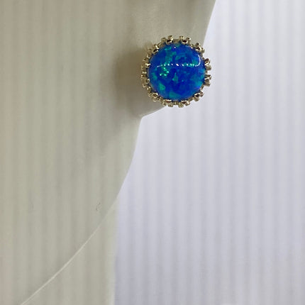 Tiny Gold Earrings | Mini Blue Fire Opal Gemstone | Golden 925 Sterling Silver Dainty Stud Button Earrings