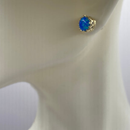 Tiny Gold Earrings | Mini Blue Fire Opal Gemstone | Golden 925 Sterling Silver Dainty Stud Button Earrings