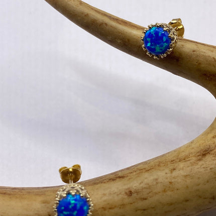Tiny Gold Earrings | Mini Blue Fire Opal Gemstone | Golden 925 Sterling Silver Dainty Stud Button Earrings