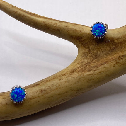 Tiny Silver Earrings | Mini Blue Fire Opal Gemstone | 925 Sterling Silver Dainty Stud Button Earrings