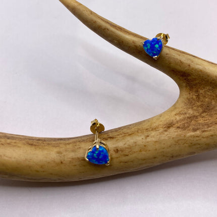 Vintage Gold Earrings | Tiny Blue Fire Opal Gemstone Heart | Golden 925 Sterling Silver Stud Button Earrings | Minimalist Everyday Jewelry
