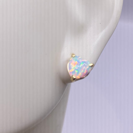 Vintage Gold Earrings | Tiny White Fire Opal Gemstone Heart | Golden 925 Sterling Silver Stud Button Earrings | Minimalist Everyday Jewelry
