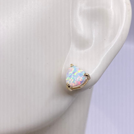 Vintage Gold Earrings | Tiny White Fire Opal Gemstone Heart | Golden 925 Sterling Silver Stud Button Earrings | Minimalist Everyday Jewelry