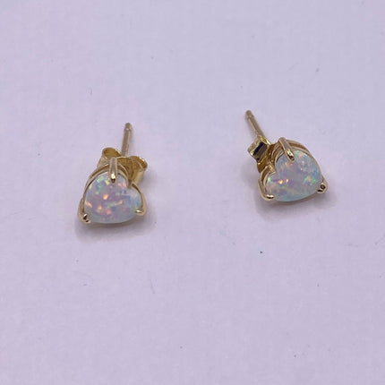 Vintage Gold Earrings | Tiny White Fire Opal Gemstone Heart | Golden 925 Sterling Silver Stud Button Earrings | Minimalist Everyday Jewelry