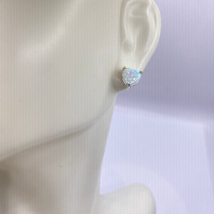 Vintage Silver Earrings | Tiny White Fire Opal Gemstone Heart | 925 Sterling Silver Stud Button Earrings | Minimalist Everyday Jewelry