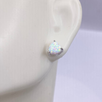 Vintage Silver Earrings | Tiny White Fire Opal Gemstone Heart | 925 Sterling Silver Stud Button Earrings | Minimalist Everyday Jewelry