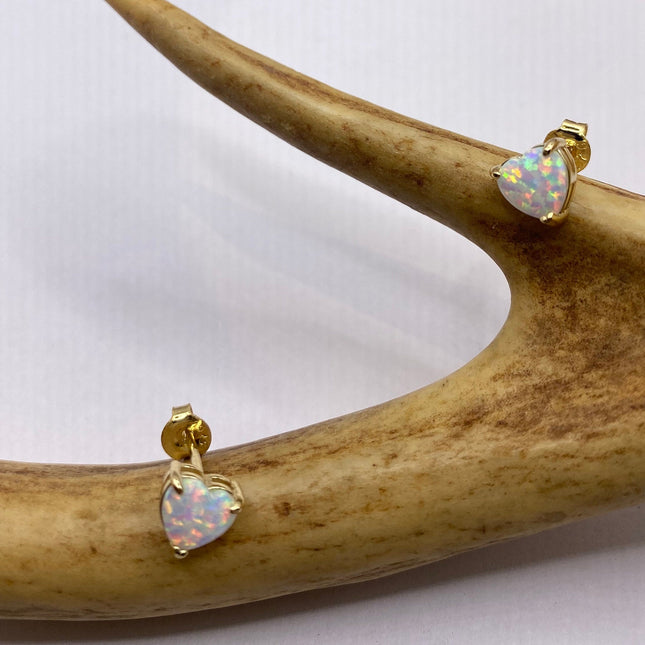 Vintage Gold Earrings | Tiny White Fire Opal Gemstone Heart | Golden 925 Sterling Silver Stud Button Earrings | Minimalist Everyday Jewelry