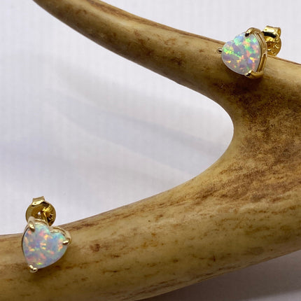 Vintage Gold Earrings | Tiny White Fire Opal Gemstone Heart | Golden 925 Sterling Silver Stud Button Earrings | Minimalist Everyday Jewelry