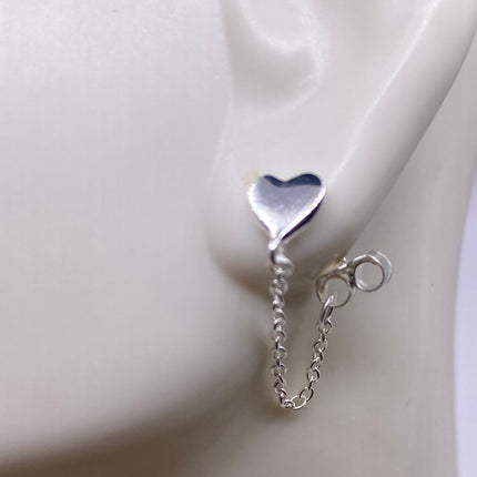 Tiny Silver Earrings | Mini Heart Chain Charm | 925 Sterling Silver Dainty Dangle Hoop Huggie Earrings | Minimalist Everyday Jewelry