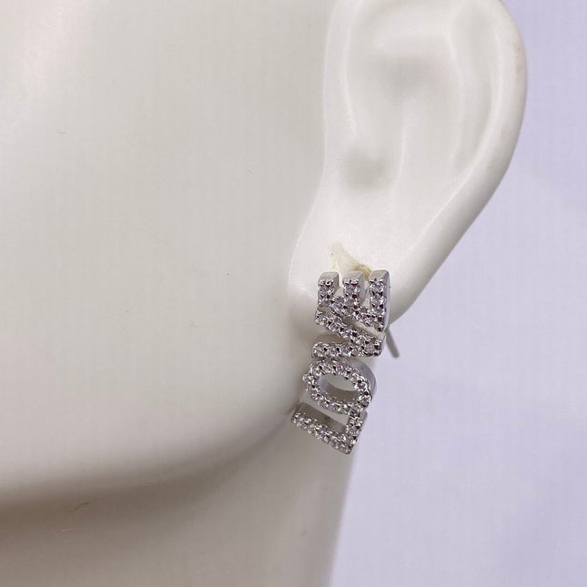 Tiny Silver Earrings | Mini Love Word Cubic Zirconia Crystal Diamond | Pave Set 925 Sterling Silver Dangle Earrings | Minimalist Everyday