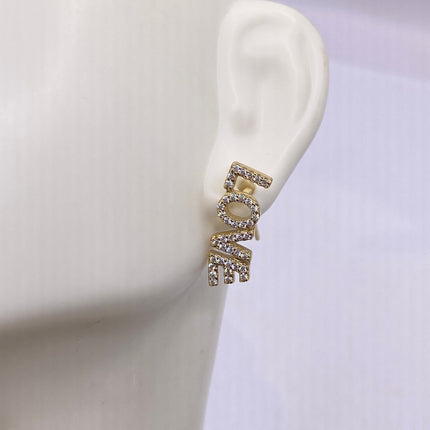 Tiny Gold Earrings | Mini Love Word Cubic Zirconia Crystal Diamond | Pave Golden 925 Sterling Silver Dangle Earrings | Minimalist Everyday