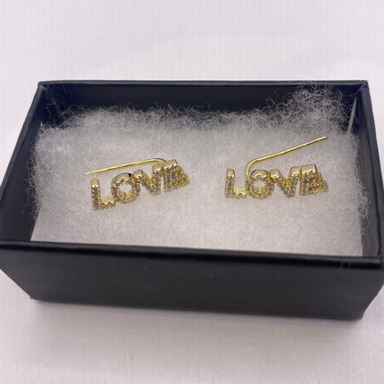 Tiny Gold Earrings | Mini Love Word Cubic Zirconia Crystal Diamond | Pave Golden 925 Sterling Silver Dangle Earrings | Minimalist Everyday