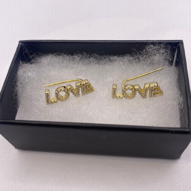 Tiny Gold Earrings | Mini Love Word Cubic Zirconia Crystal Diamond | Pave Golden 925 Sterling Silver Dangle Earrings | Minimalist Everyday