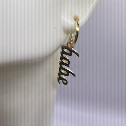 Tiny Gold Earrings | Mini BABE Word Letter Script | Golden Sterling Silver Dainty Dangle Hoop Huggie Earrings | Minimalist Everyday Jewelry