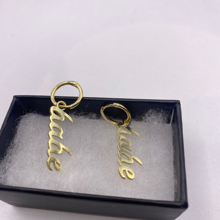 Tiny Gold Earrings | Mini BABE Word Letter Script | Golden Sterling Silver Dainty Dangle Hoop Huggie Earrings | Minimalist Everyday Jewelry