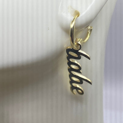 Tiny Gold Earrings | Mini BABE Word Letter Script | Golden Sterling Silver Dainty Dangle Hoop Huggie Earrings | Minimalist Everyday Jewelry