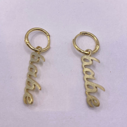 Tiny Gold Earrings | Mini BABE Word Letter Script | Golden Sterling Silver Dainty Dangle Hoop Huggie Earrings | Minimalist Everyday Jewelry