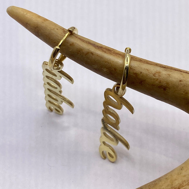 Tiny Gold Earrings | Mini BABE Word Letter Script | Golden Sterling Silver Dainty Dangle Hoop Huggie Earrings | Minimalist Everyday Jewelry