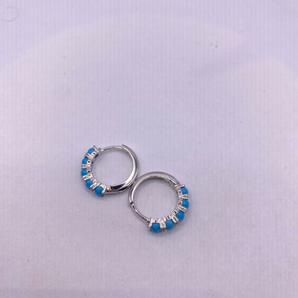 Tiny Silver Earrings | Mini Turquoise Gemstone Dainty Beads | 925 Sterling Silver Dangle Hoop Huggie Earrings | Minimalist Everyday Jewelry