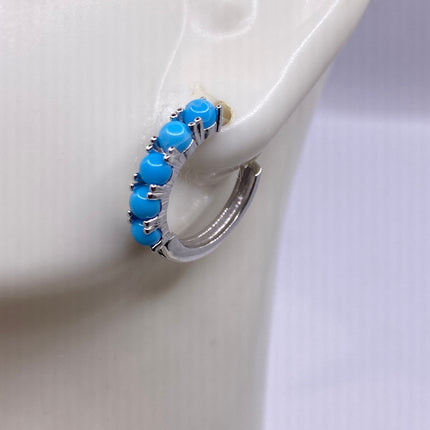Tiny Silver Earrings | Mini Turquoise Gemstone Dainty Beads | 925 Sterling Silver Dangle Hoop Huggie Earrings | Minimalist Everyday Jewelry