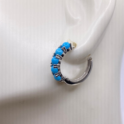 Tiny Silver Earrings | Mini Turquoise Gemstone Dainty Beads | 925 Sterling Silver Dangle Hoop Huggie Earrings | Minimalist Everyday Jewelry