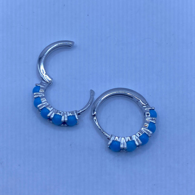 Tiny Silver Earrings | Mini Turquoise Gemstone Dainty Beads | 925 Sterling Silver Dangle Hoop Huggie Earrings | Minimalist Everyday Jewelry