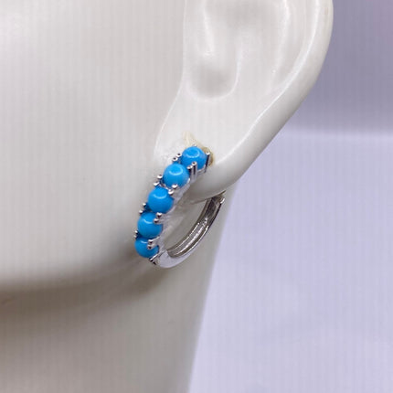 Tiny Silver Earrings | Mini Turquoise Gemstone Dainty Beads | 925 Sterling Silver Dangle Hoop Huggie Earrings | Minimalist Everyday Jewelry