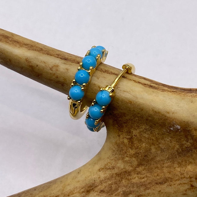 Tiny Gold Earrings | Mini Turquoise Gemstone Dainty Beads | Golden 925 Sterling Silver Hoop Loop Huggie Earrings | Minimalist Everyday