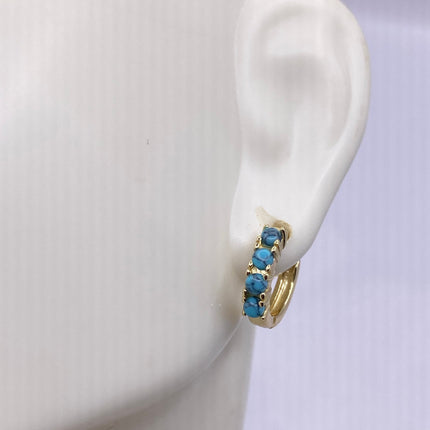 Tiny Gold Earrings | Mini Turquoise Gemstone Dainty Beads | Golden 925 Sterling Silver Hoop Loop Huggie Earrings | Minimalist Everyday