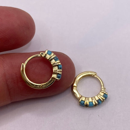 Tiny Gold Earrings | Mini Turquoise Gemstone Dainty Beads | Golden 925 Sterling Silver Hoop Loop Huggie Earrings | Minimalist Everyday
