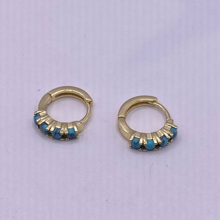 Tiny Gold Earrings | Mini Turquoise Gemstone Dainty Beads | Golden 925 Sterling Silver Hoop Loop Huggie Earrings | Minimalist Everyday